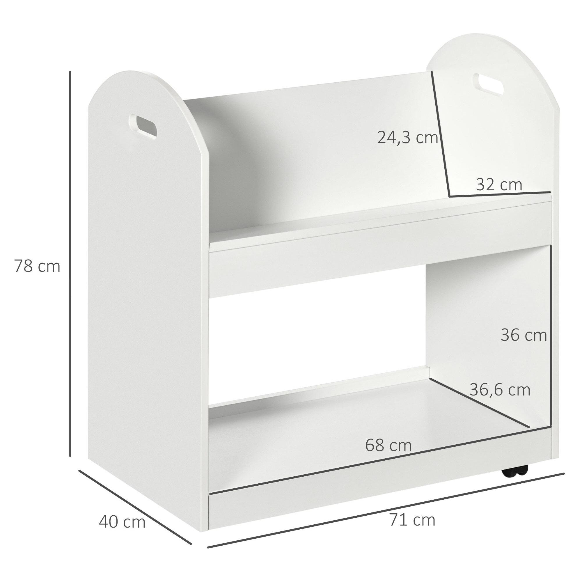 HOMCOM Estantería Librería con Ruedas Estantería para Libros con 2 Estantes de Almacenamiento y 2 Asas para Salón Cocina Estudio Estilo Moderno 71x40x78 cm Blanco