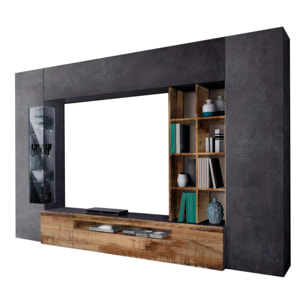 Parete attrezzata da soggiorno, Made in Italy, con luce LED blu, Base porta TV e pensili e scaffali, Set salotto moderno, cm 290x40h192, colore Ardesia e Acero