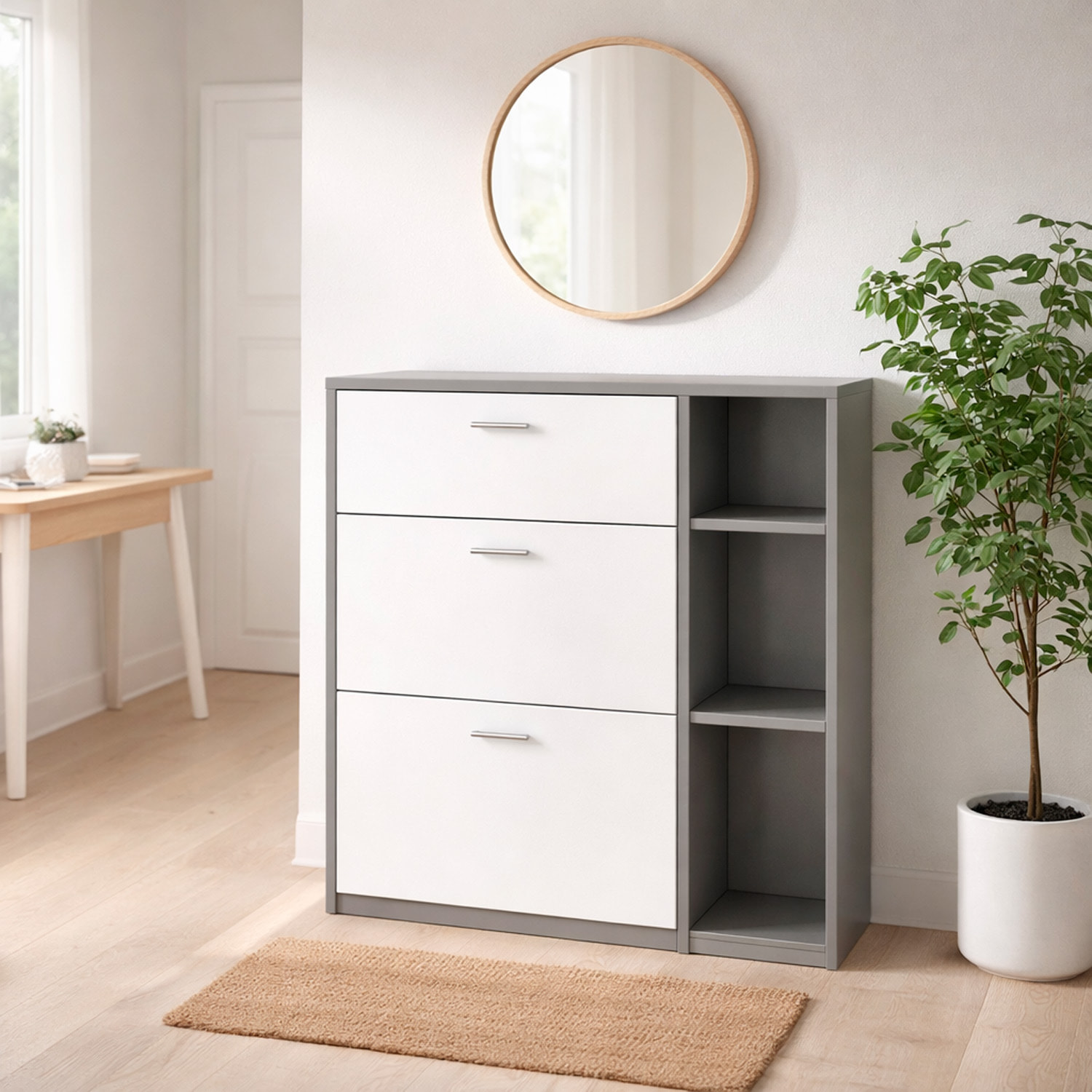 Scarpiera Mobile Portascarpe Salvaspazio Ingresso Con 2 Ribalte Doppia Profondità 1 Cassetto 3 Vani A Giorno 90 x 101.5 x 26 Cm Bianco e Grafite