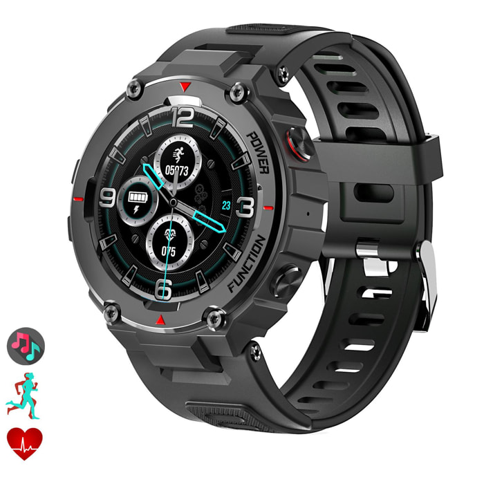 Smartwatch F26 outdoor. Sumergible 30 m, resistencia a temperaturas extremas. Reproductor musical y memoria interna, 10 modos deportivos.