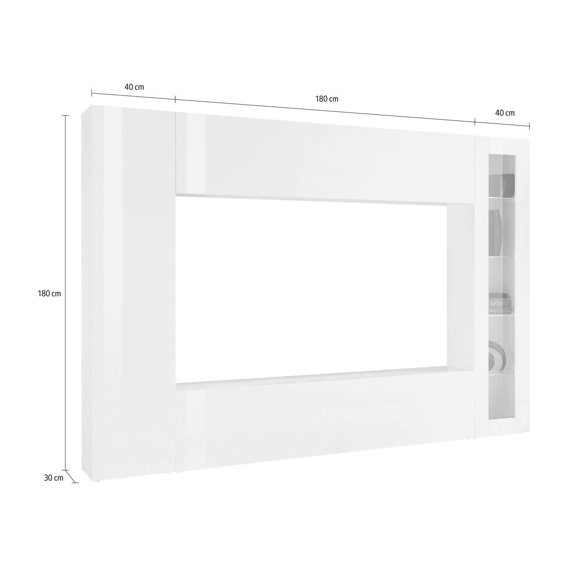 Parete attrezzata da soggiorno, Made in Italy, Base porta TV e pensili e scaffali, Set salotto moderno, cm 260x30h180, colore Bianco lucido, con luce LED blu ed una vetrina