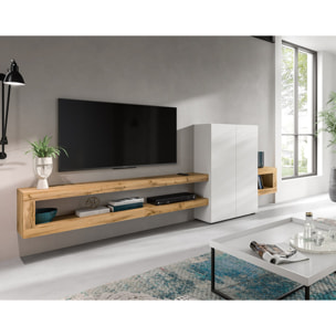 Ned - meuble tv suspendu - 2 portes et 2 étagères - bois et blanc - 270 cm - Bois / Blanc