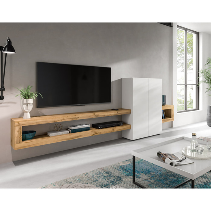 Ned - meuble tv suspendu - 2 portes et 2 étagères - bois et blanc - 270 cm - Bois / Blanc