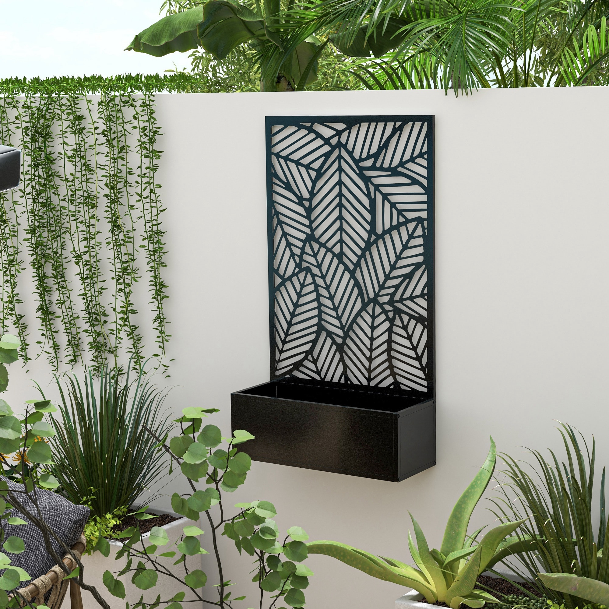 Jardinière avec treillis design - bac à fleurs - dim. 61L x 23l x 113H cm - fixation murale possible - métal époxy noir