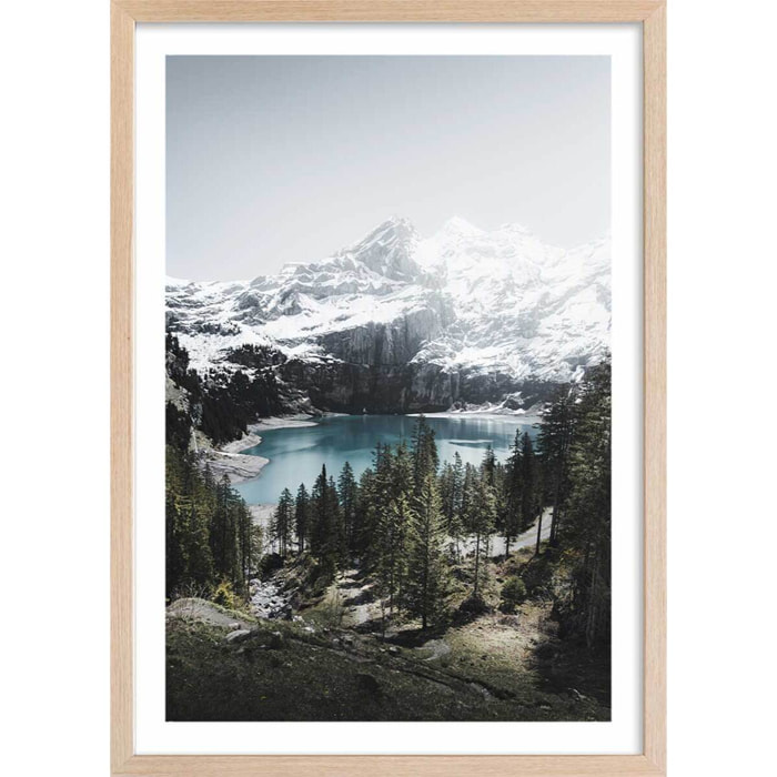 Affiche paysage lac de montagne au sommet Affiche + cadre en bois - Chêne