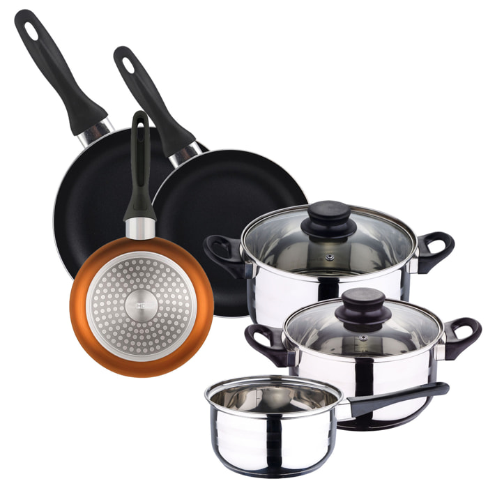 set de batería de cocina de 5pc en acero inoxidable + 3 sartenes ø16ø20ø24cm bronce metalizado en aluminio prensado