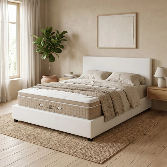 Ensemble matelas Bali & lit coffre Colisée | Mémoire de forme et ressorts ensachés | Grande capacité de stockage | Simili cuir | Blanc