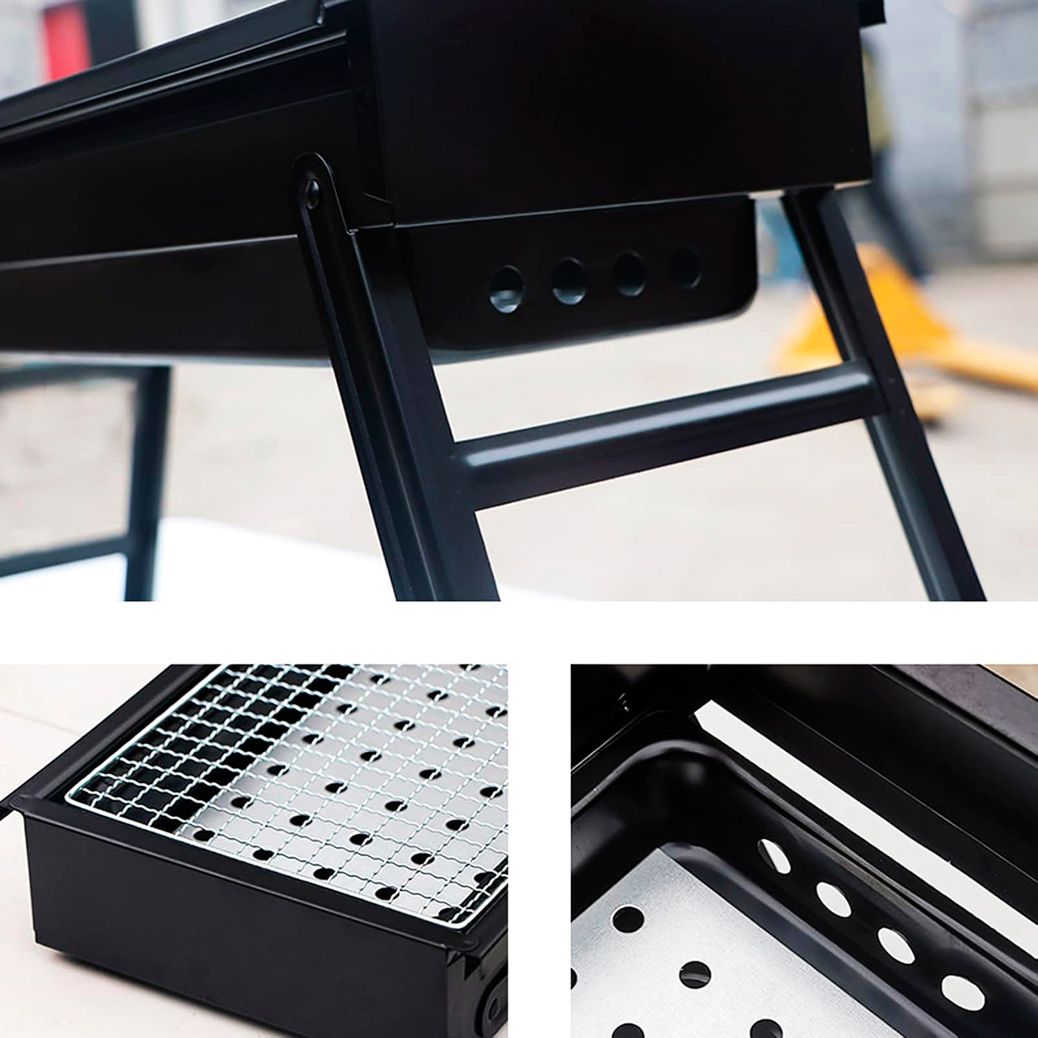 Barbecue portatile a carbone YF-60 con design pieghevole, vassoio scorrevole e ventilazione ottimizzata per una cottura uniforme ed efficiente.