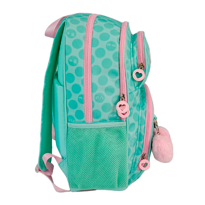 Mochila Primaria Blin Blin Kiss Me con doble compartimento adaptable a carro.