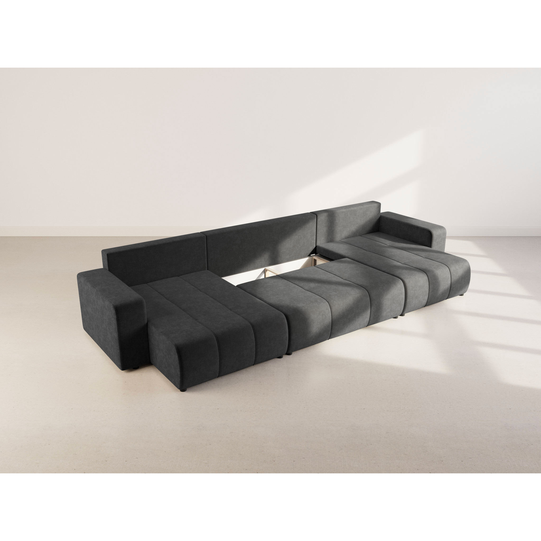 Nicole - Canapé panoramique en U 7 places convertible avec coffre en tissu - Gris Anthracite