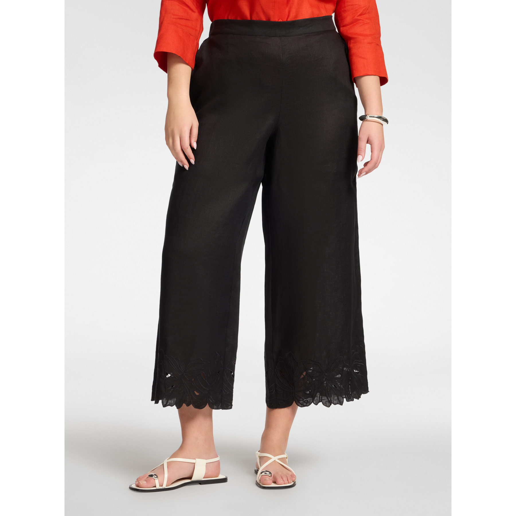 Elena Mirò - Pantalones de lino con bordes bordados - Negro