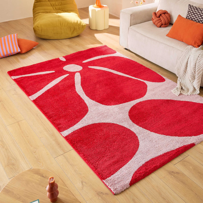 GROOVY - Tapis rétro coloré à motif fleur - Confortable et moelleux - Rouge