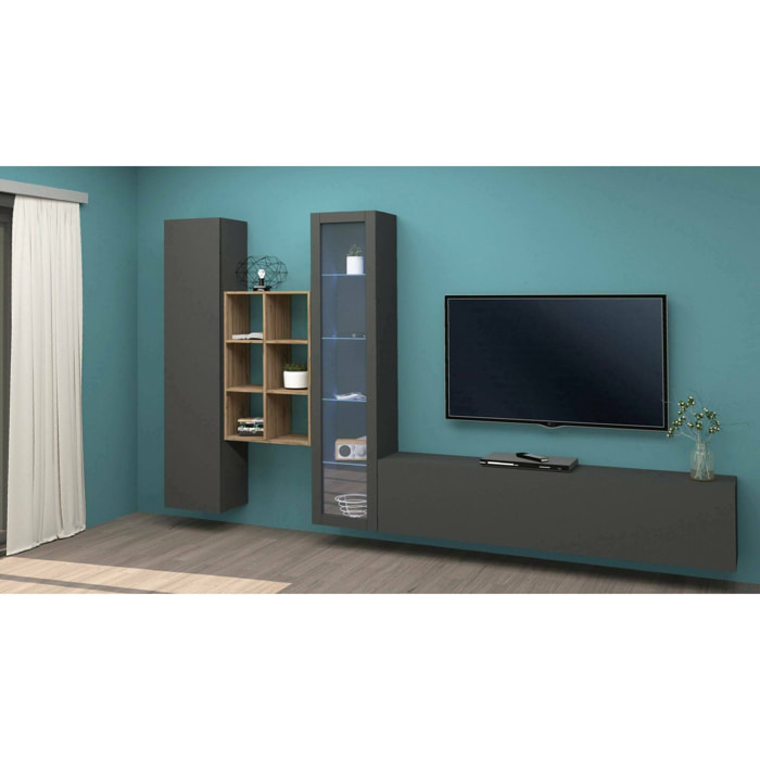 Parete attrezzata Ausonia, Set salotto porta TV a 3 ante, Mobile soggiorno multiuso con vetrina e luce LED, 100% Made in Italy, cm 320x30h180, Antracite
