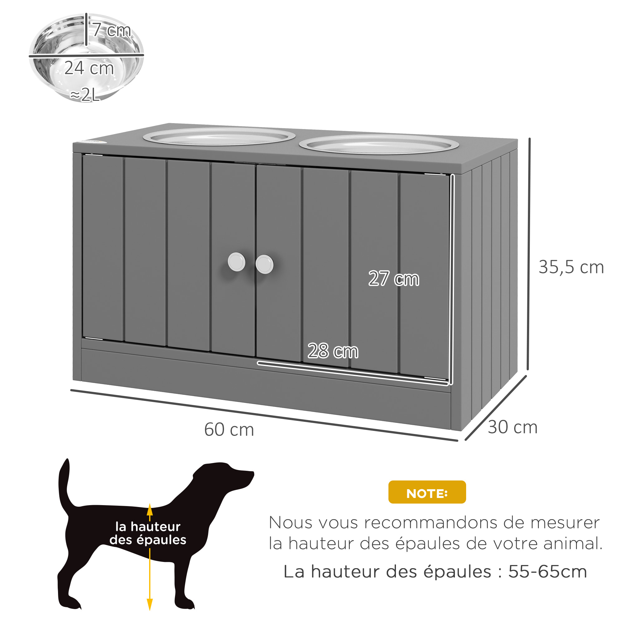 Gamelle double chien chat - porte-gamelles surélevé armoire 2 en 1 - 2 portes, 2 gamelles - acier inox. MDF gris