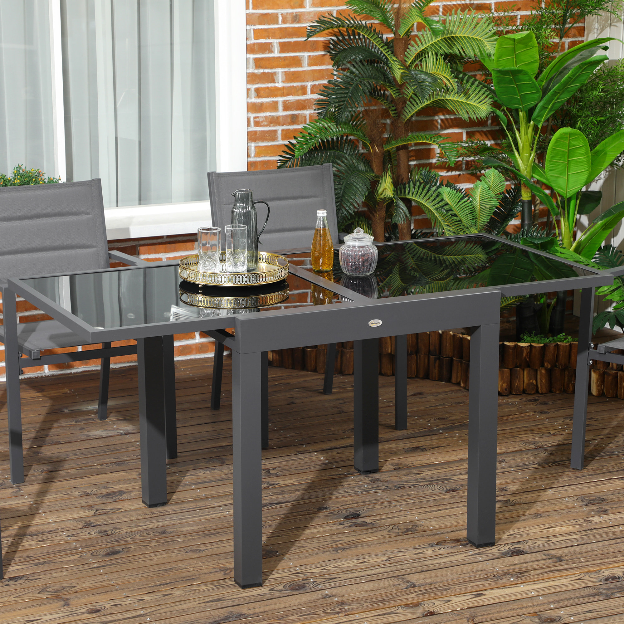 Table extensible de jardin grande taille dim. dépliées 160L x 80l x 75H cm alu métal époxy anthracite plateau verre trempé noir