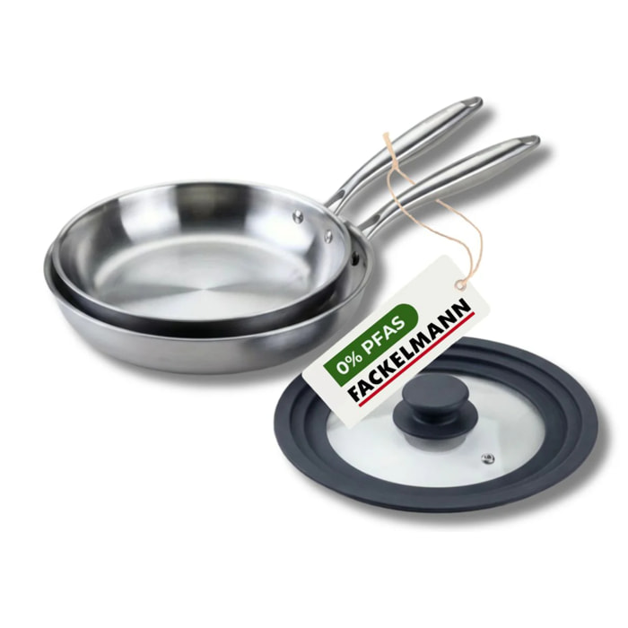 2 poêles 26 cm et 28 cm inox 18/10 Triply et couvercle Fackelmann Vita3