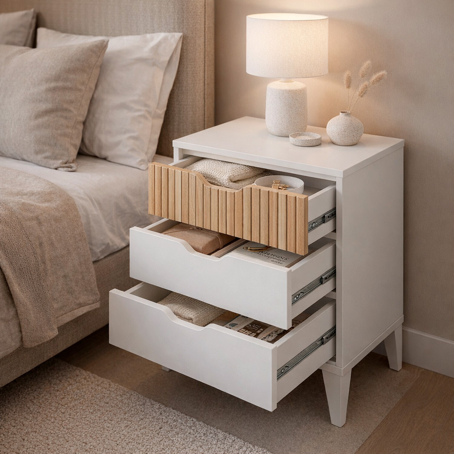 Comodino Stile Nordico Con 3 Cassetti Mobiletto Con Gambe Rialzate Design Scandinavo Zona Notte Salvaspazio 50 x 44 x 33 Cm Bianco E Rovere