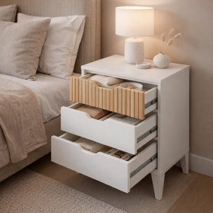 Comodino Stile Nordico Con 3 Cassetti Mobiletto Con Gambe Rialzate Design Scandinavo Zona Notte Salvaspazio 50 x 44 x 33 Cm Bianco E Rovere