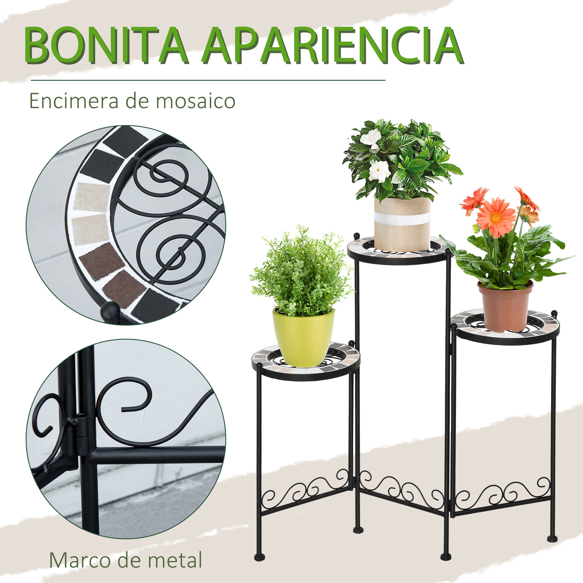 Outsunny Soporte Metal para Plantas Mecetas Plegable con 3 Estantes 60x22x65 cm