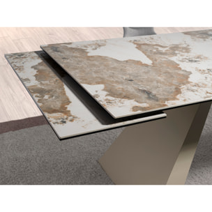 Mesa comedor extensible rectangular con tapa de mármol porcelánico blanco con vetas en tonos tierra en acabado brillo 180x90x76cm