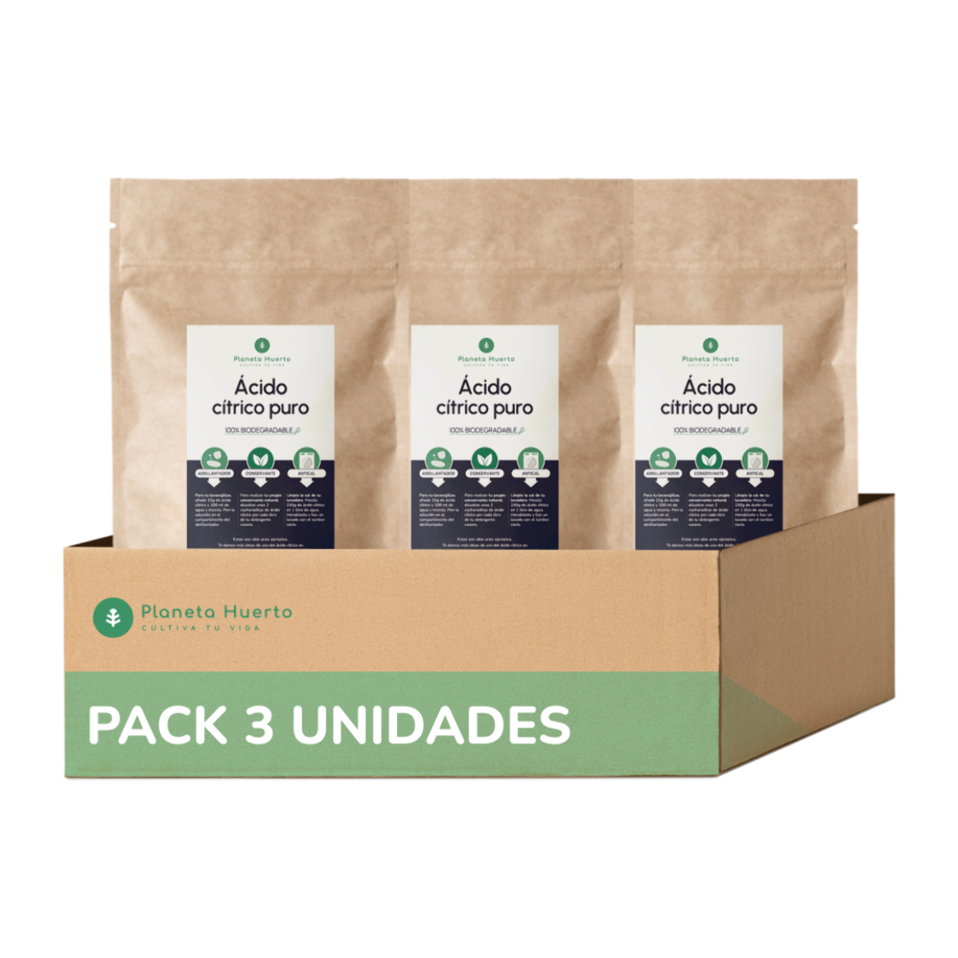 PLANETA HUERTO | Pack 3 Ácido Cítrico 1 Kg Anhidro Ecológico y Biodegradable - Acído Cítrico Desincrustante Natural Lavadora, Abrillantador Lavavajillas y Suavizante Ropa, Ideal Detergentes Casero