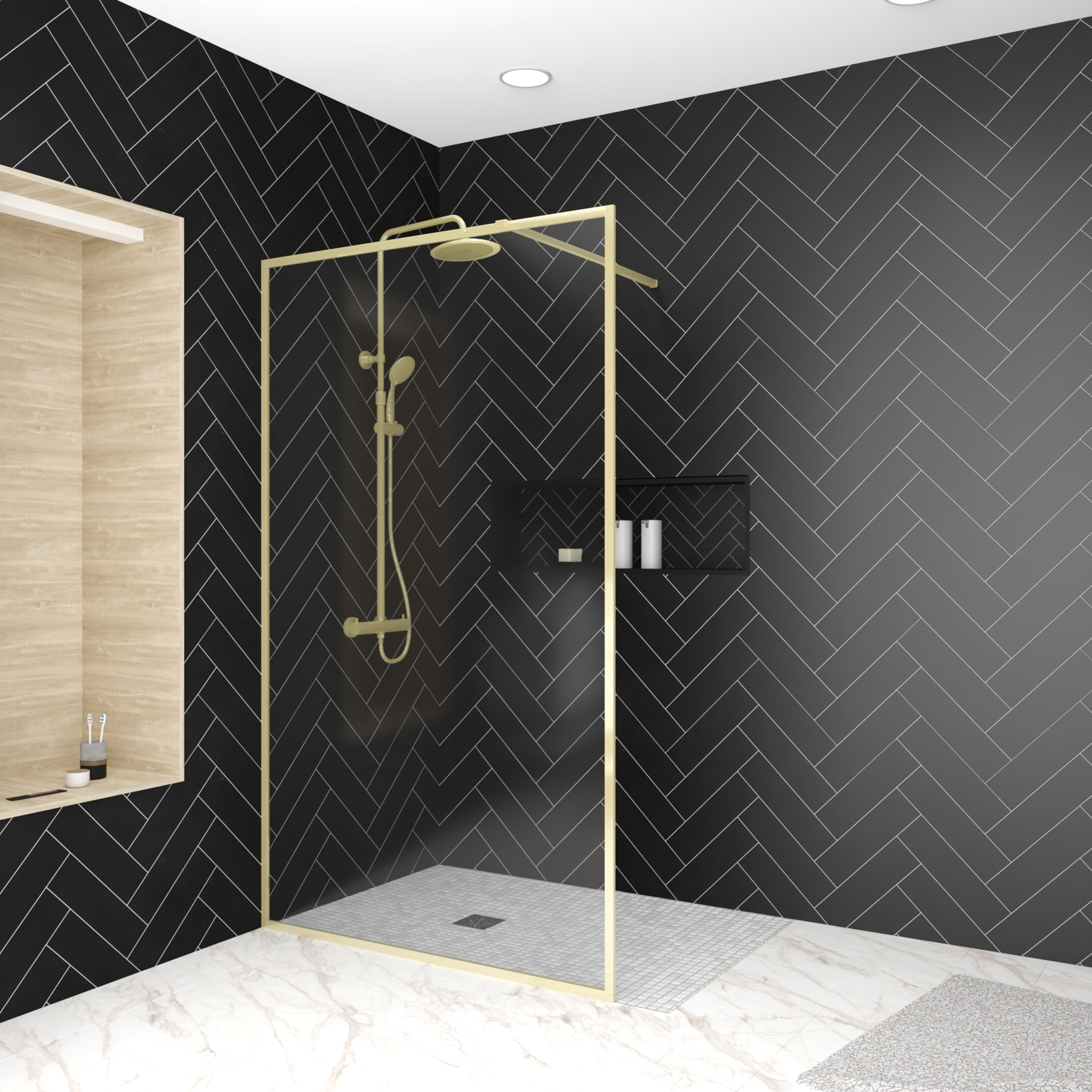 Pack Paroi de Douche avec Cadre Or Doré Brossé 120x200cm + Colonne de Douche Thermostatique assortie