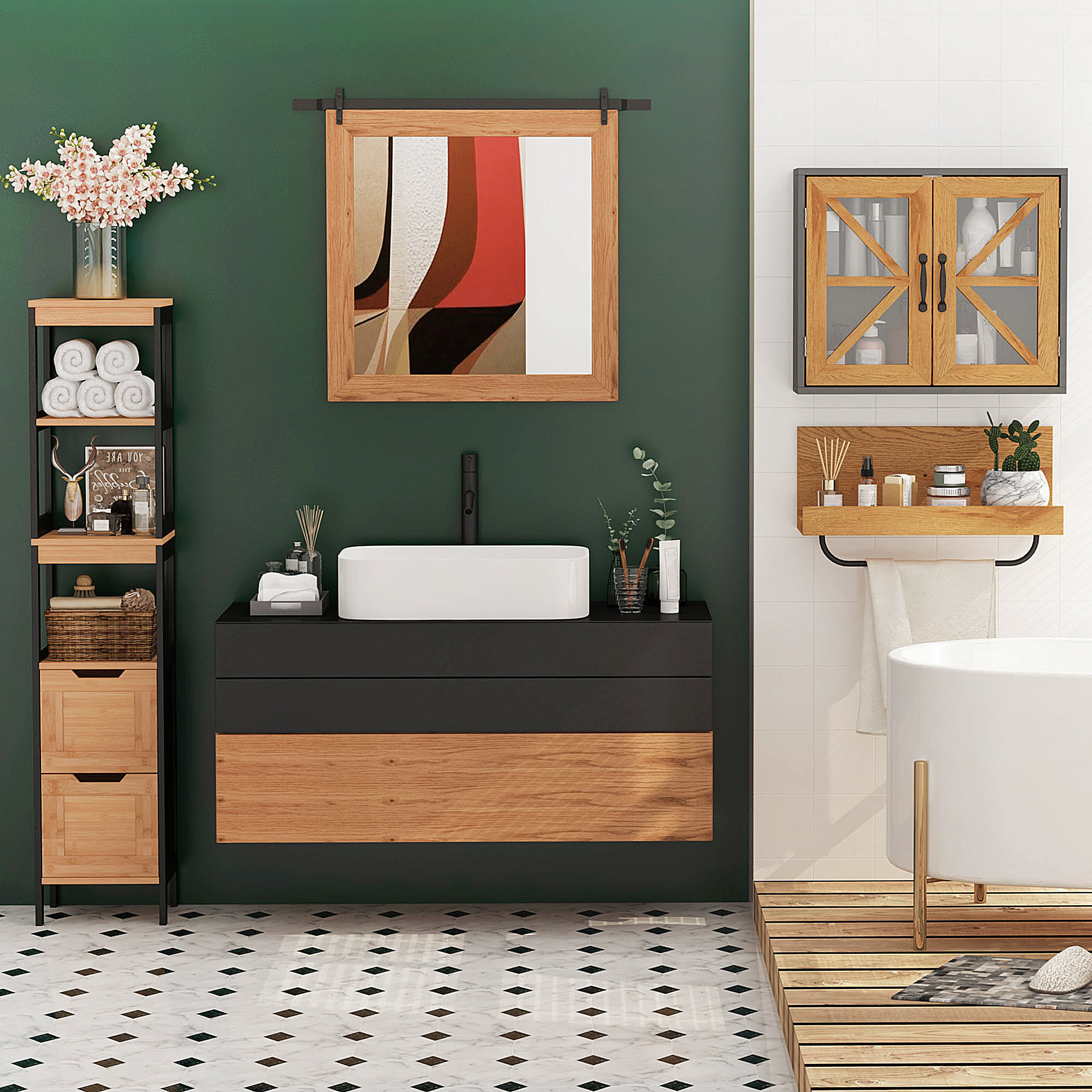 Armario Alto para Baño de Madera 30x30x144,3cm Negro, Bambú