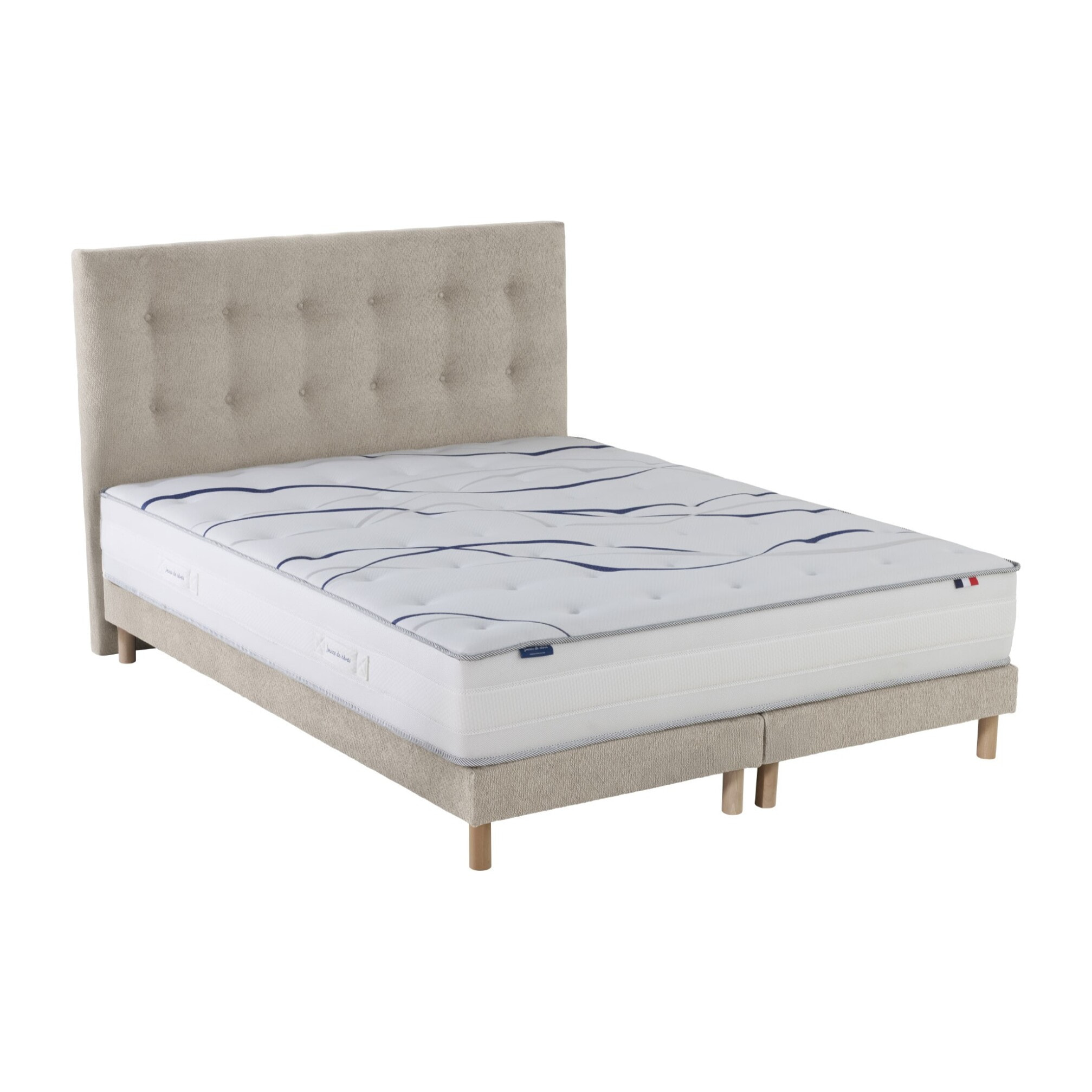 Ensemble matelas mousse HD NUVIA + sommier + tête de lit, chenille bouclettes Crème