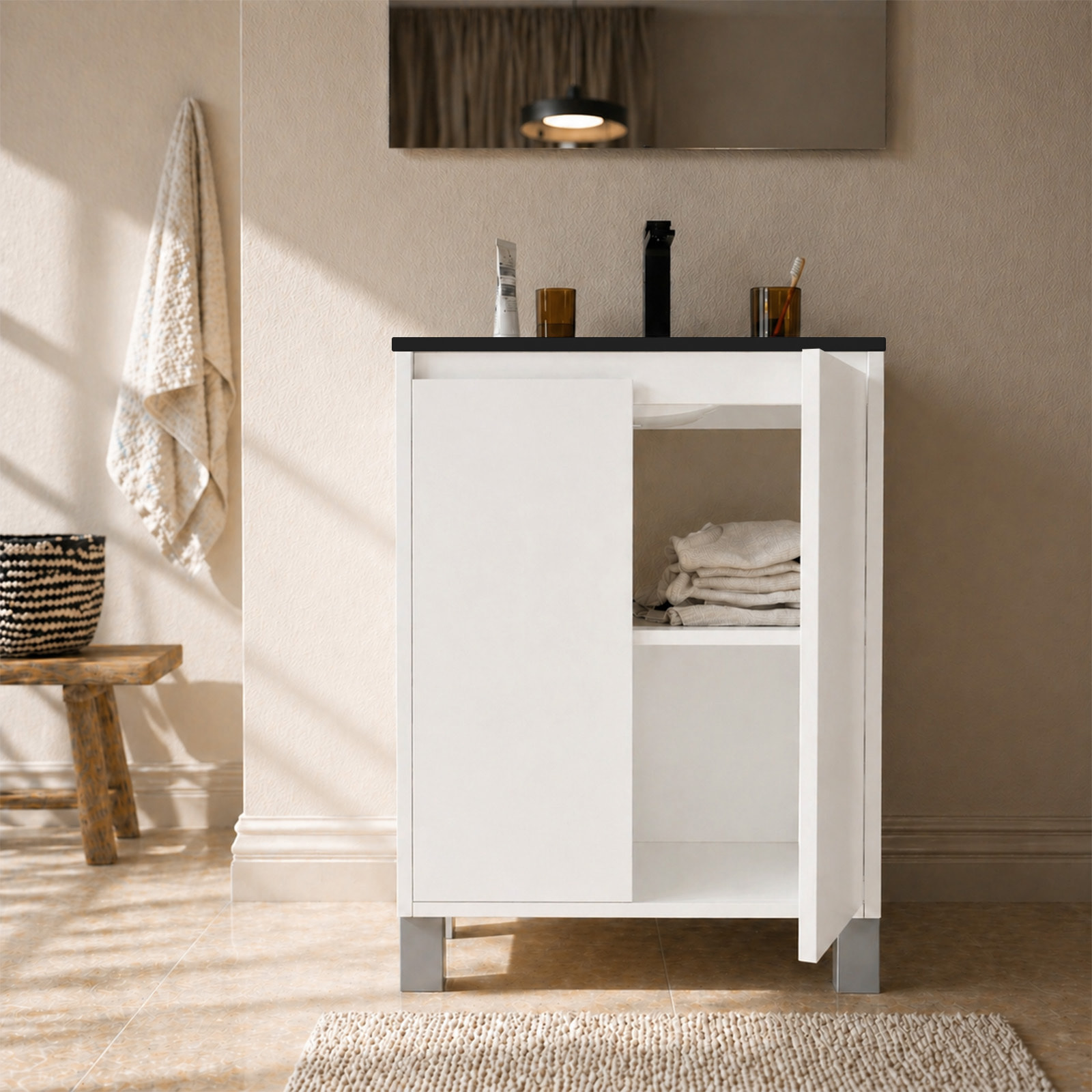 Meuble de Salle de Bains 50 cm Blanc 2 Portes et Vasque Céramique Noire - XENOS