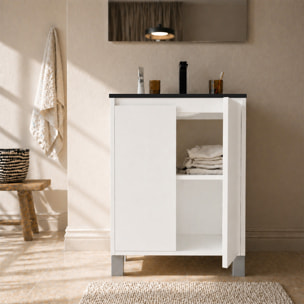 Meuble de Salle de Bains 50 cm Blanc 2 Portes et Vasque Céramique Noire - XENOS