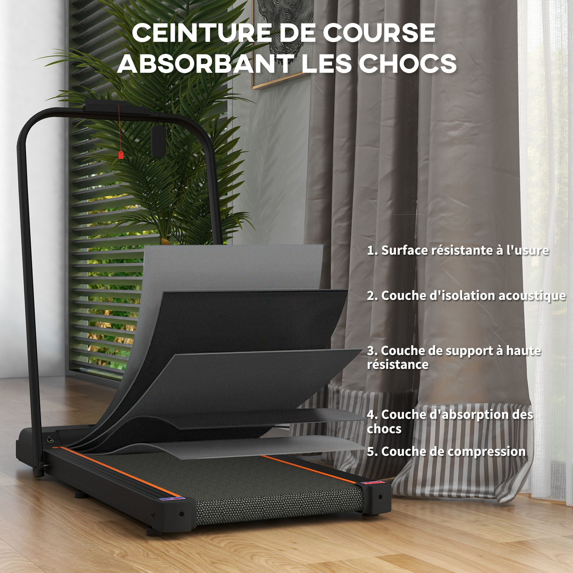 Tapis de marche électrique pliable 1800W - V. max. 6Km/h - écran LED multifonction, télécommande, support iPad - orange noir