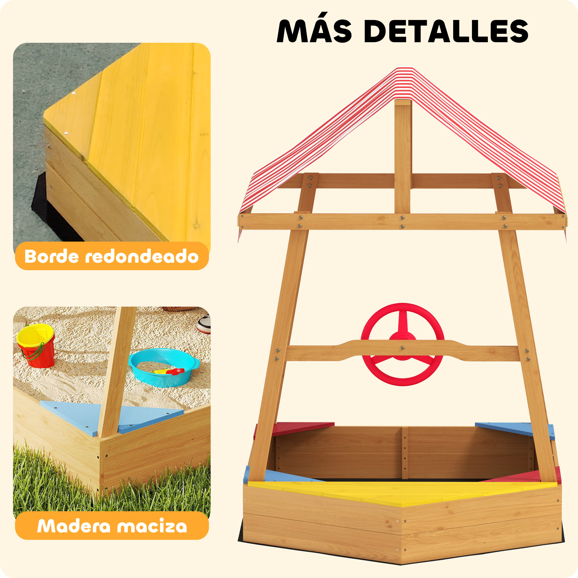 Arenero para Niños de +3 Años Arenero Infantil en Forma de Barco con Toldo y Asientos Arenero para Exterior 133x101x141 cm Natural