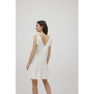 Abito corto bianco in cotone con spalline annodate