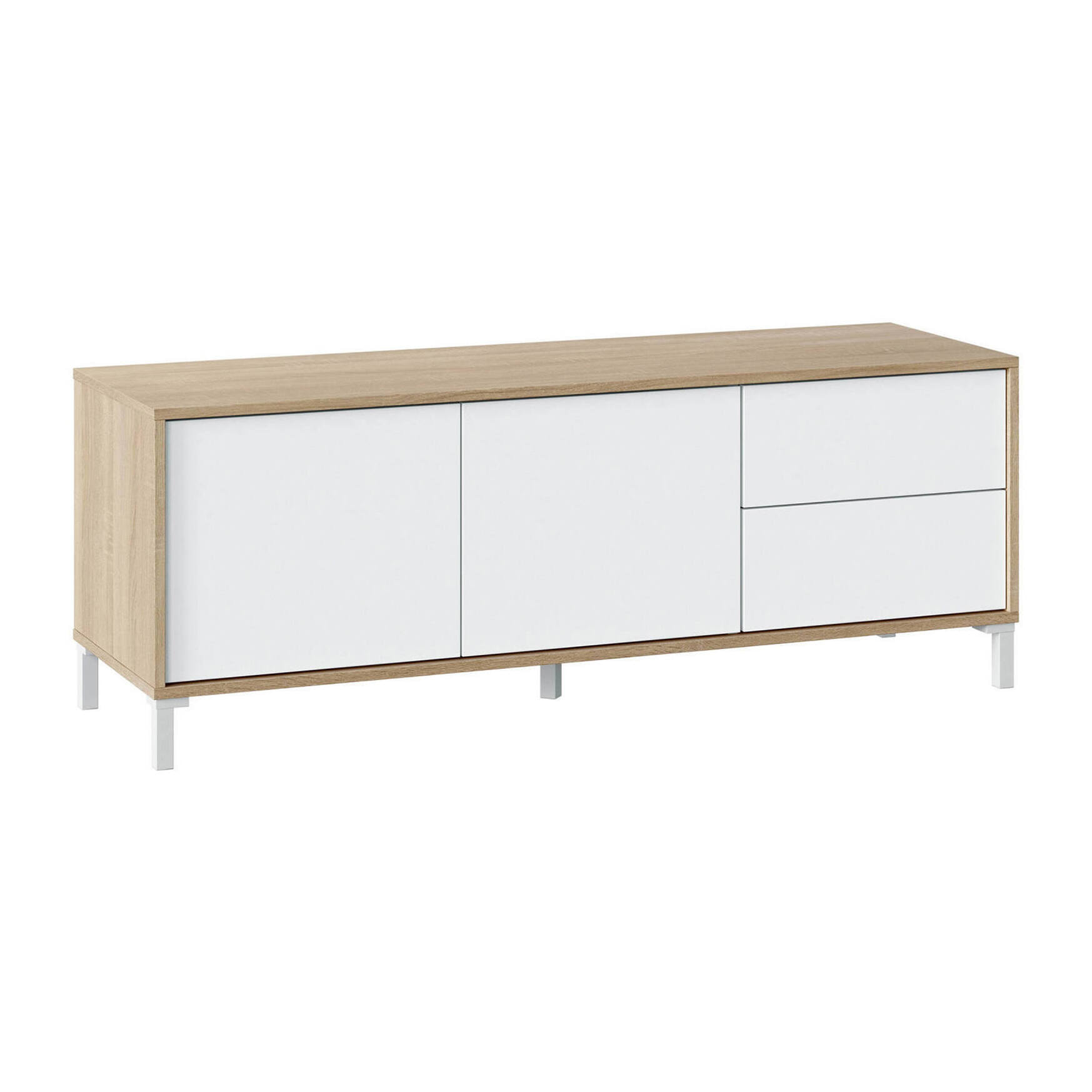 Mobile porta TV Cary, Credenza per televisione a 2 ante, Supporto TV da soggiorno, Mobile porta TV, Madia per salotto, cm 130x41h47, Rovere e Bianco