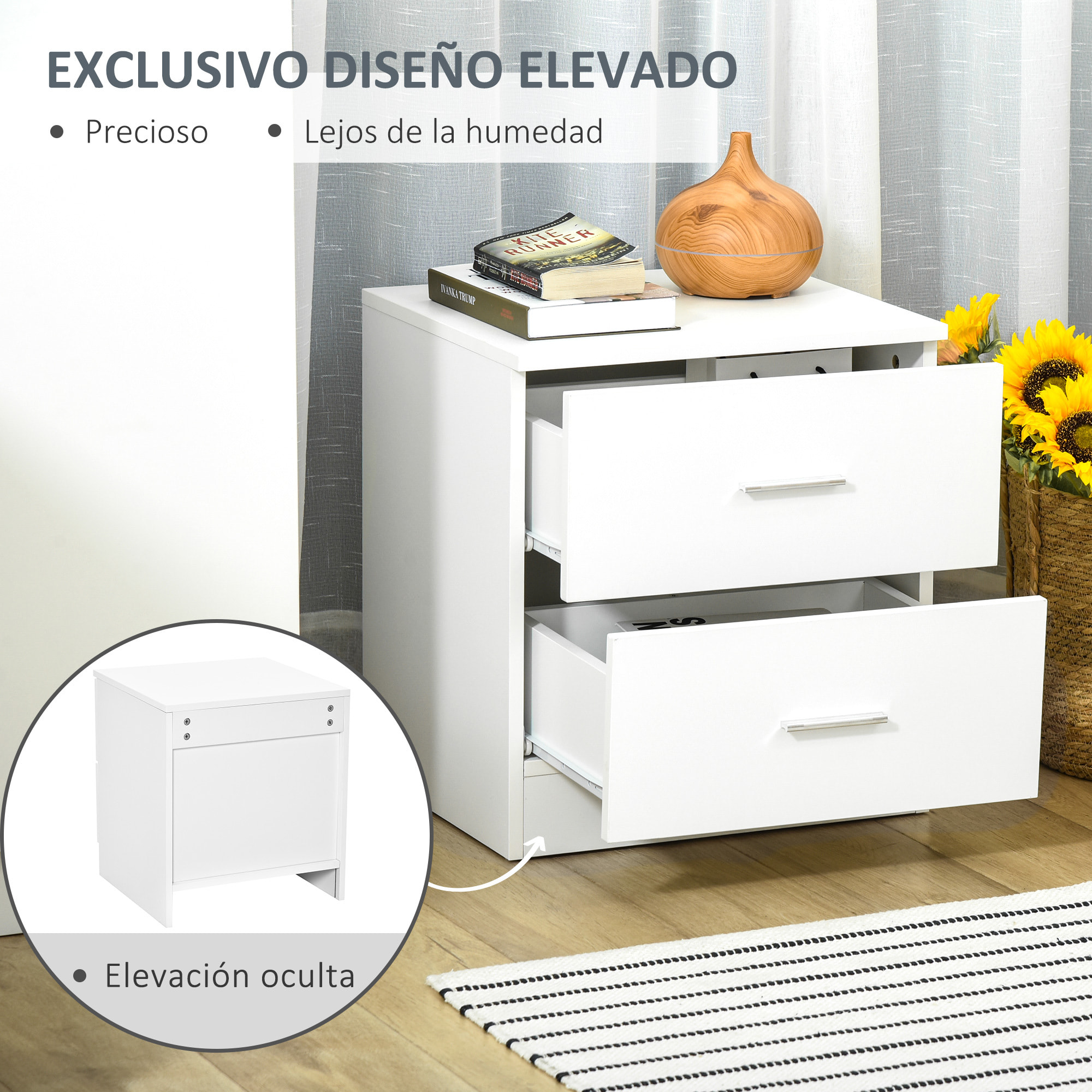 HOMCOM Mesita de Noche Moderna Mesilla de Noche con 2 Cajones Mesita Auxiliar para Salón Dormitorio Carga 30 kg 45x39,5x49 cm Blanco