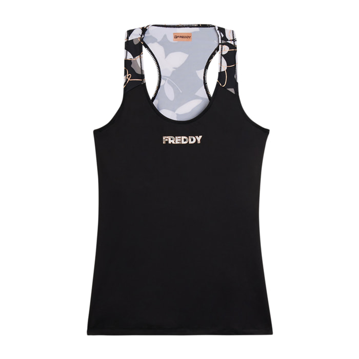 Canotta sportiva in tessuto tecnico con inserto floreale