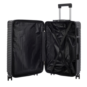 Juego de 3 maletas Trolley, en material ligero ABS de alta resistencia con esquinas reforzadas. Cerradura numérica y 4 ruedas dobles extraíbles y giratorias 360°.