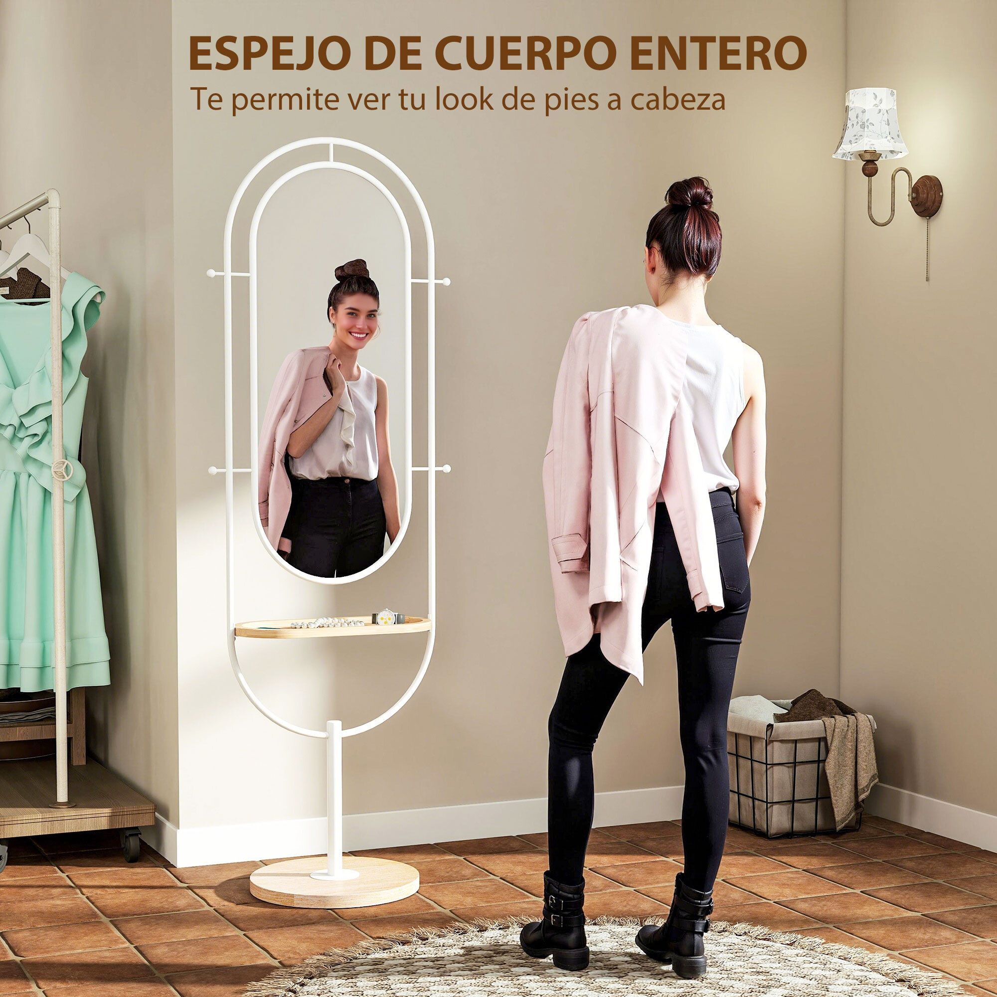 Espejo de Cuerpo Entero 175,5x50 cm Espejo de Pie con Bandeja de Madera 4 Ganchos y Marco de Metal para Salón Dormitorio Blanco