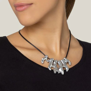 Gargantilla corales chapado plata y cuero negro 40cm