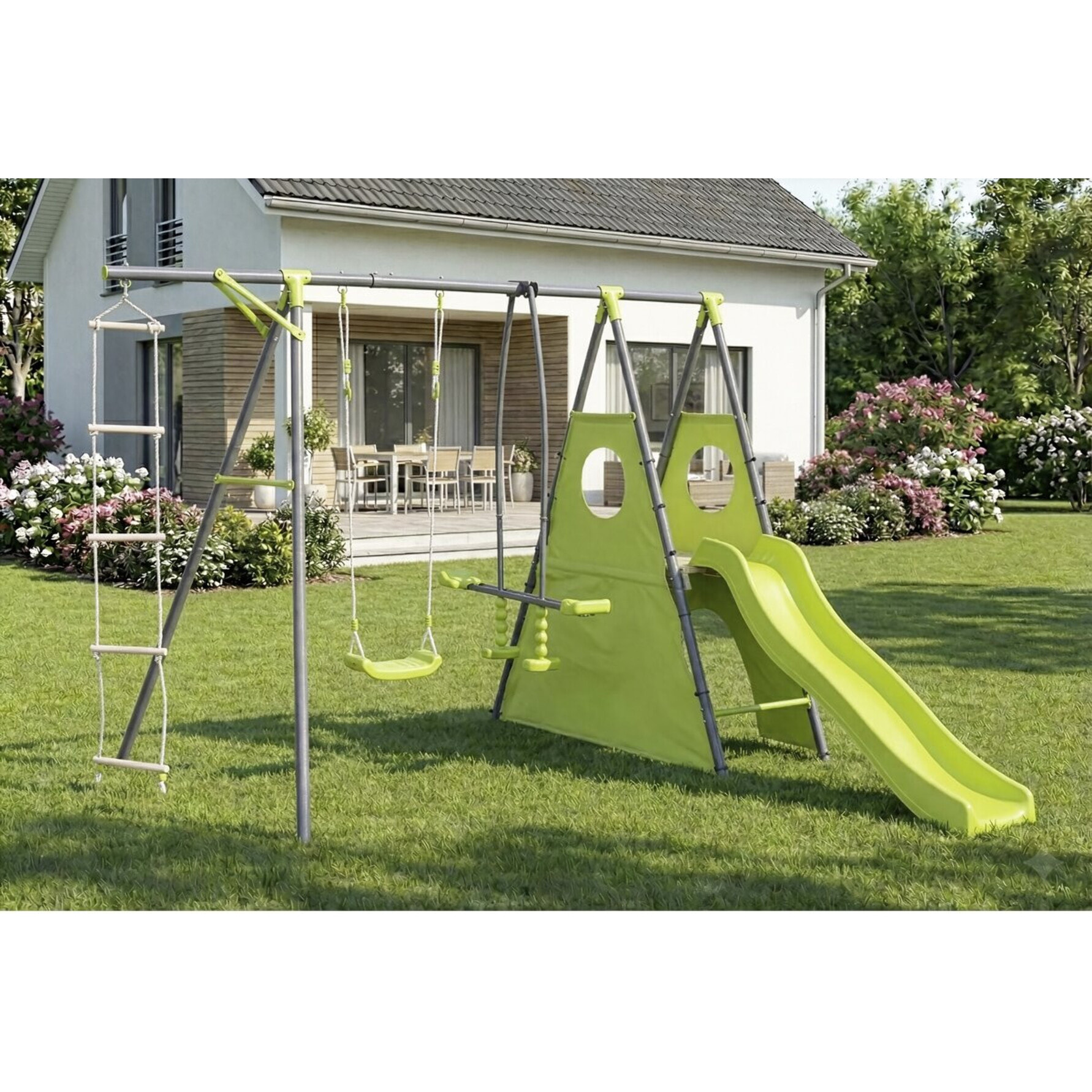 Portique de jeu métal avec toboggan "Dany"- 5 agrès - Vert