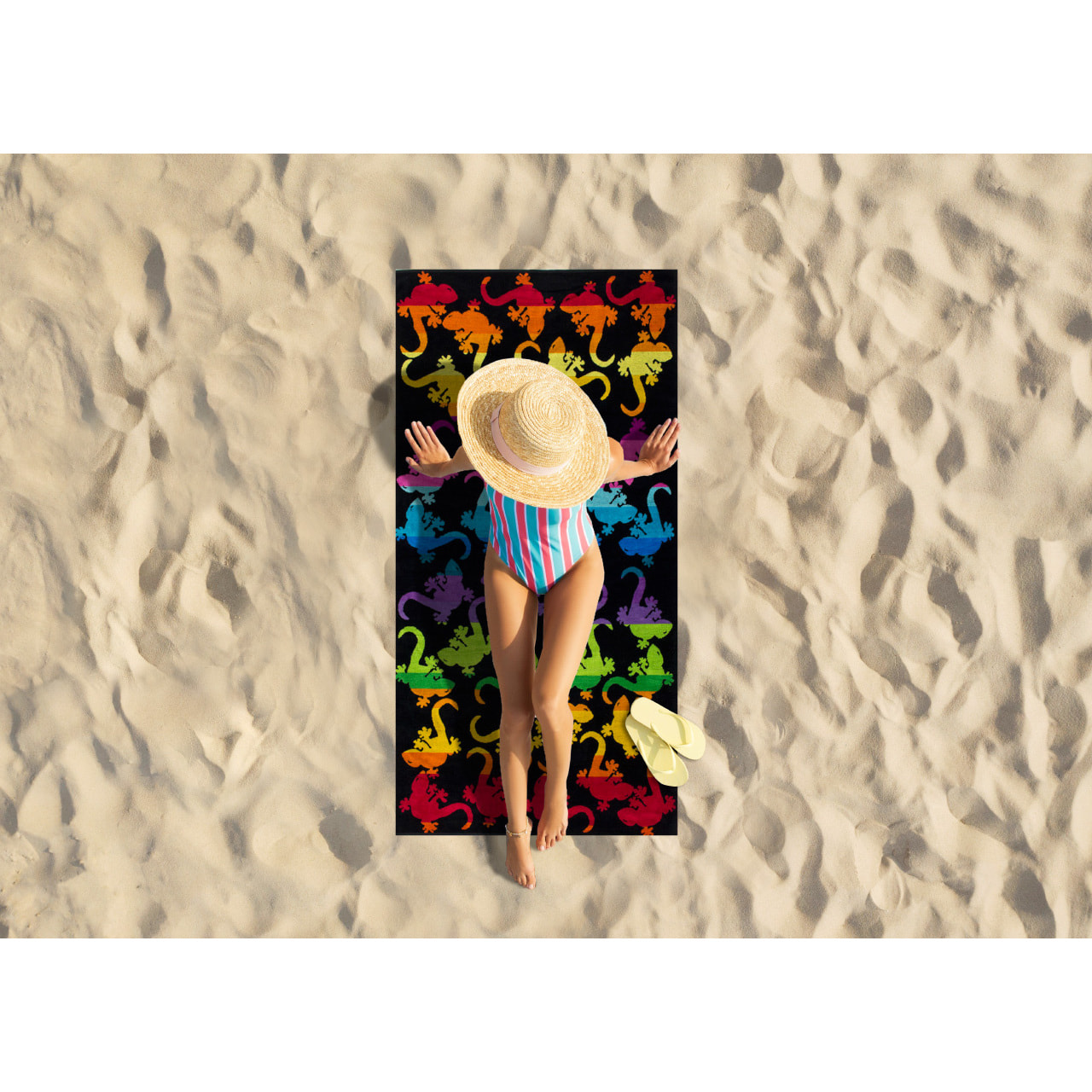 Telo Mare Spugna Jacquard Spiaggia Disegno Fantasy Geko