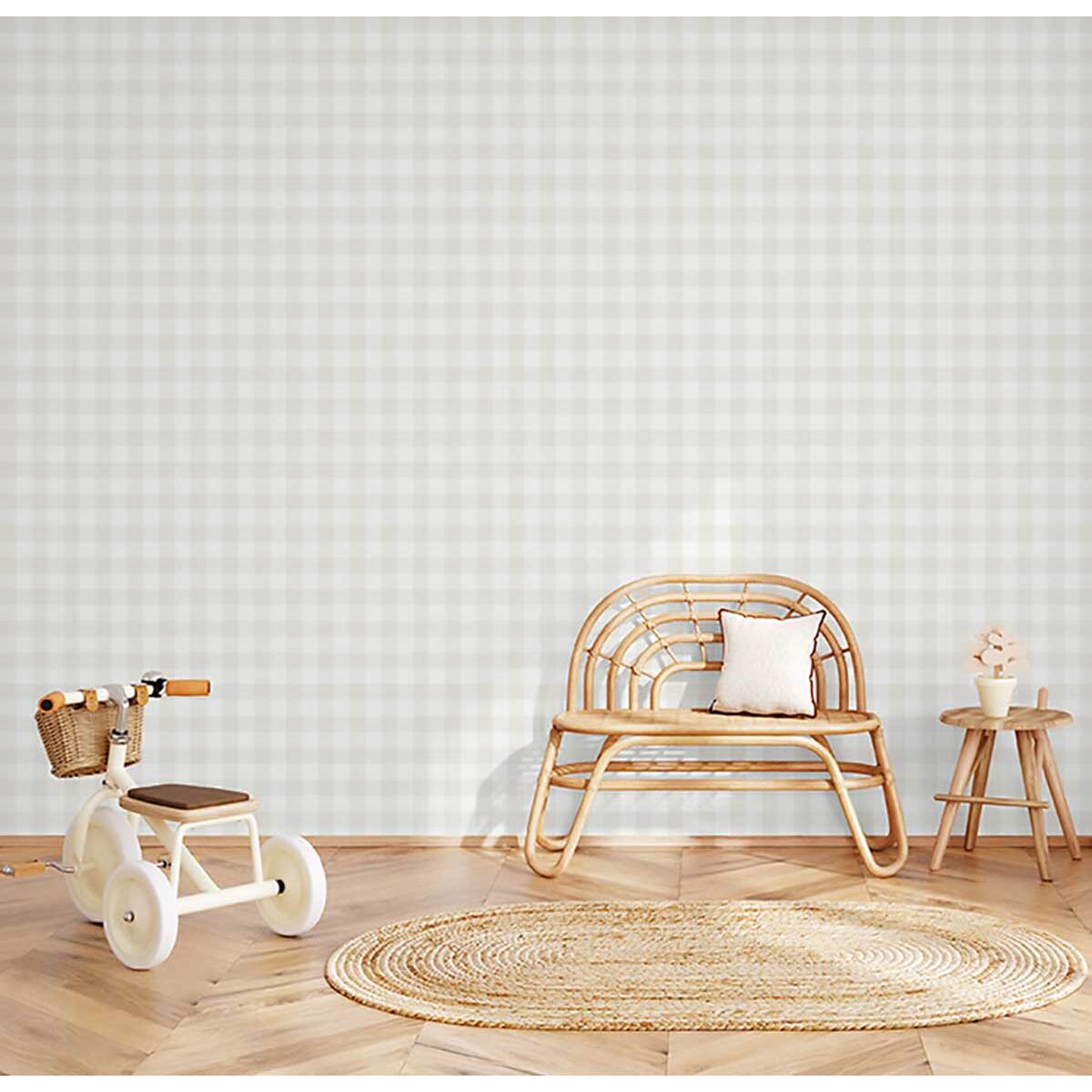 Papier peint vichy beige lin blanc discret