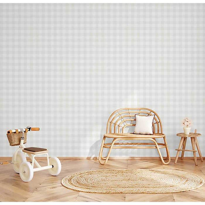 Papier peint vichy beige lin blanc discret