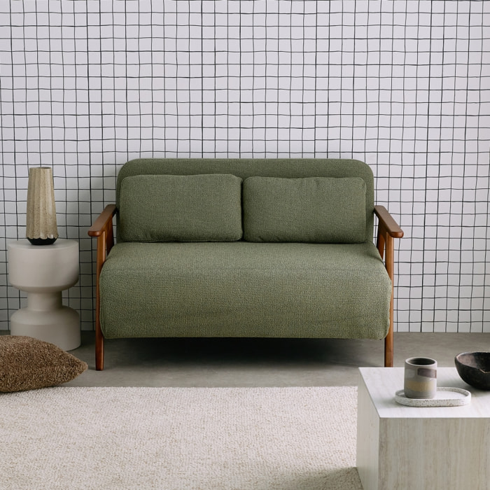 Banquette canapé convertible 2 places bois d'hévéa teinté noyer clair et bouclette texturée SVEN