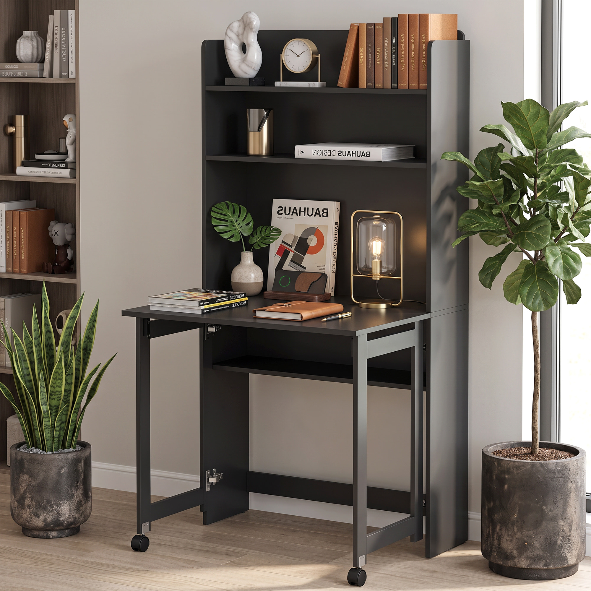 Bureau mural pliable table murale rabattable suspendue sur pied avec bibliothèque 3 étagères MDF noir