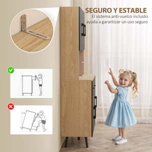 Alacena de Cocina Alta con Luces LED RGB Mueble Auxiliar de Cocina con 6 Puertas 2 Cajones Encimera y Orificio para Cables Estilo Moderno Negro y Roble 100x40x176 cm