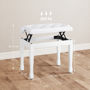 Banco de Piano, Altura Ajustable, Banqueta de Piano con Asiento de Cuero Sintético, Patas de Madera, Carga Máxima 200 kg, 64x35x55 cm, Blanco