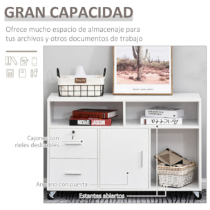 HOMCOM Mueble Auxiliar de Oficina Mueble Archivador con Ruedas Estantes y Cajones Armario Multiusos con Gran Almacenaje 100x35x65 cm Blanco