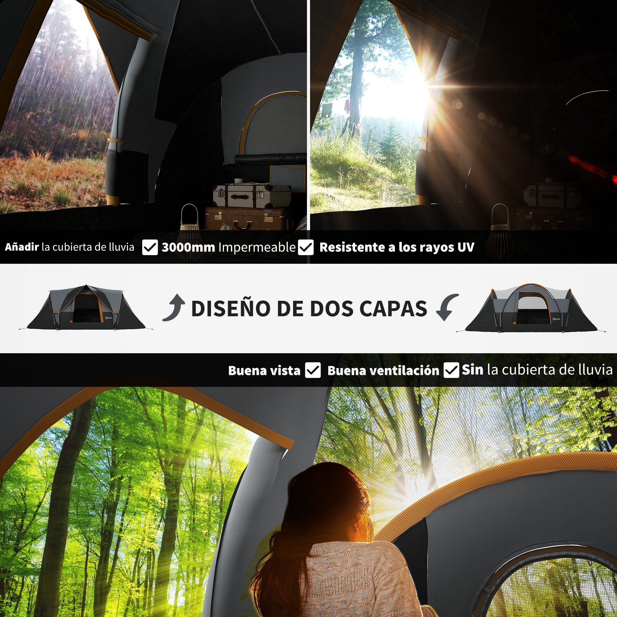 Tienda de Campaña Familiar para 5 Personas Tienda de Acampada de Túnel Impermeable 3000mm+ Tienda de Camping con Bolsa de Transporte y Gancho para Pescar Senderismo 455x220x180 cm Gris