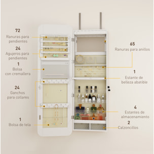 Espejo Joyero con Luz LED, Armario Joyero Montado en la Pared o en la Puerta, Armario para Joyas con Cerradura, Espejo Entero, 2 Cajones, Blanco